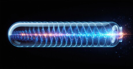 Fototapeta premium Glowing cylindrical structure contains vibrant energy waves. Blue, red light emanates from within, creating dynamic visual effect. Futuristic concept.