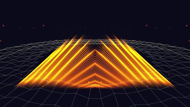 Abstract Wireframe Grid Landscape with Glowing Orange Spectrum on Dark Background