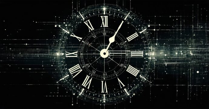 Clock face dominates image. Digital lines radiate outward, creating futuristic effect. Time concept visually represented.