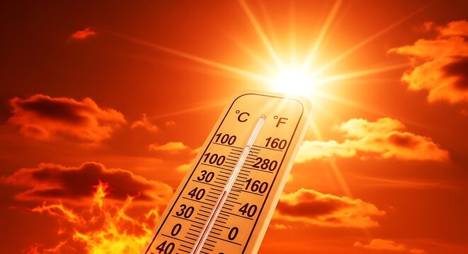 Thermometer showing high temperature against sunny sky with clouds