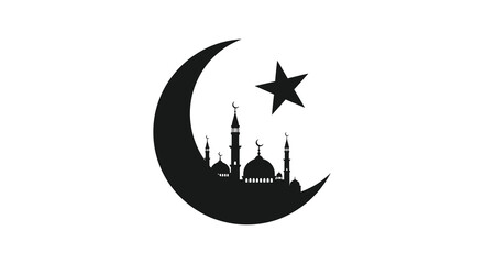 A striking black silhouette of a crescent moon star and mosque skyline against a white background silhouette © MIRAJ02