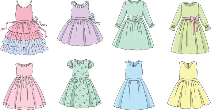 Pastel girls dress collection elegant kids party and casual frocks with bows lace and layered skirt vector set