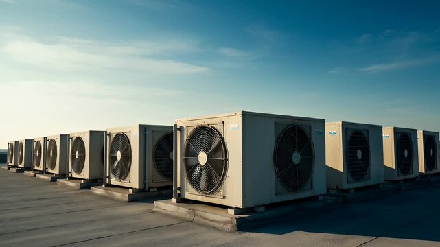 Large Outdoor Air Conditioning Units Lined Up on Rooftop Under Blue Sky