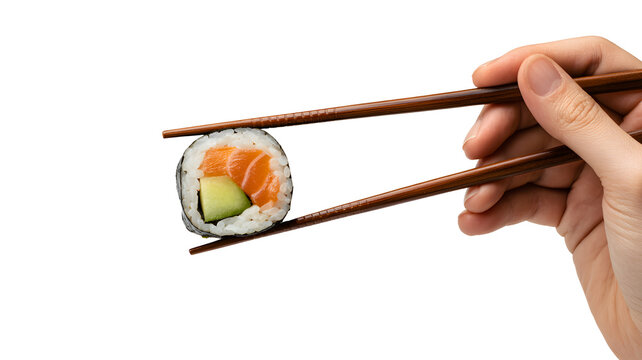 Hand holding sushi with chopsticks, salmon maki roll on white background