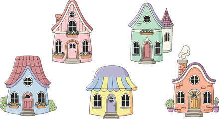 Obraz premium Cute fairytale house collection pastel cartoon homes fantasy architecture for children book illustration and game design
