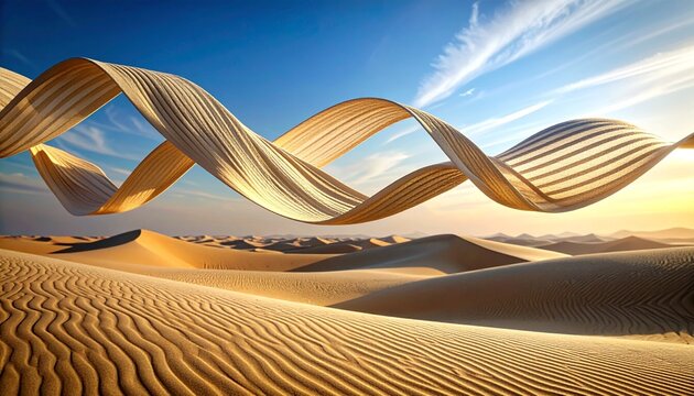 Flowing ribbons of sand appear to float above the dunes. Their shapes swirl gracefully in the air, creating gentle, wave-like curves that echo the natural ripples beneath