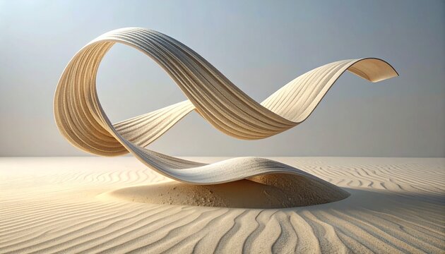 Flowing ribbons of sand appear to float above the dunes. Their shapes swirl gracefully in the air, creating gentle, wave-like curves that echo the natural ripples beneath