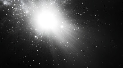 Bright White Light Beam with Radiating Lines and Small White Particles on Dark Background