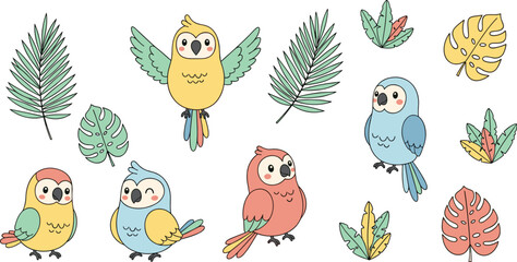 Cute tropical parrot cartoon collection with palm and monstera leaves colorful baby birds vector illustration set © Rozina Creative