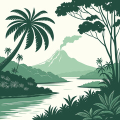 Green and white tropical island landscape with volcano © ggg