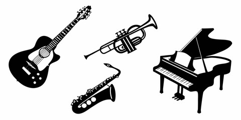 Fototapeta premium A collection of musical instruments including a guitar, trumpet, saxophone, and piano Vector