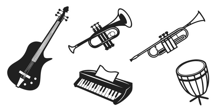 A collection of musical instruments including a guitar, trumpet, trombone, keyboard, and drum set. Vector