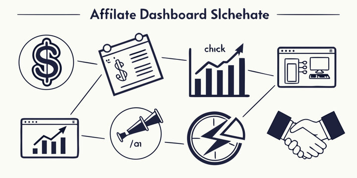 Diverse icons representing various aspects of affiliate marketing and business management. Vector