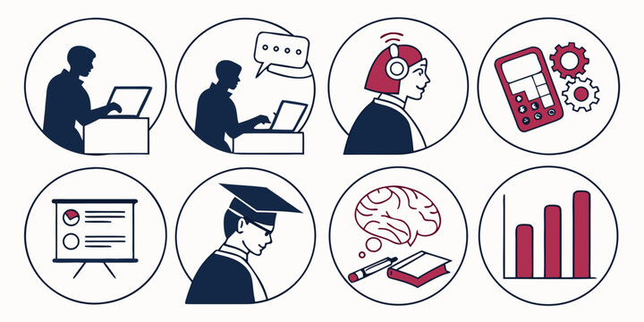 Diverse icons representing various aspects of education and learning. Vector