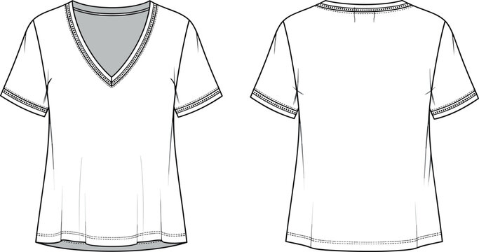Womens blank v neck short sleeve t shirt technical flat sketch vector template front and back view for fashion design