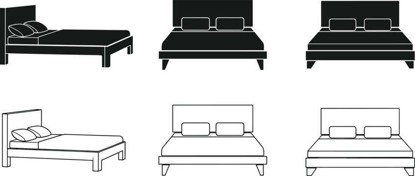 Modern bed icon set vector illustration, bedroom furniture silhouettes and outline designs, front and perspective views isolated collection