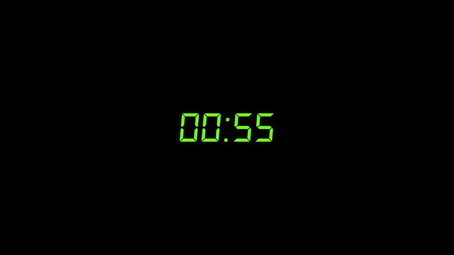 Digital Countdown Timer 60 to 0 Seconds with Green Glowing LCD Numbers on Black Background
