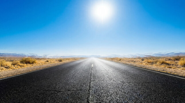 Mesmerizing mirage on a scorching straight path through a vast, golden desert expanse beneath a vivid azure sky