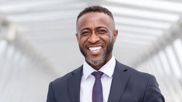 Confident Professional: A distinguished man radiates confidence, his warm smile revealing genuine happiness and approachability. This portrait of professional poise and personal warmth.