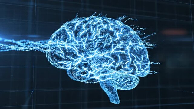 Digital neural network brain visualization glowing electric blue pathways on dark grid hologram conveying futuristic intelligence connectivity and neural network visualization