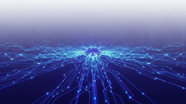Abstract digital network pattern resembling a brain with glowing blue connections spreading outwards on a gradient background
