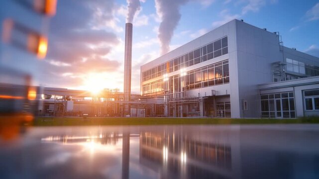 Industrial Reflection at Dawn: A modern industrial plant, with its towering chimneys releasing plumes of steam.