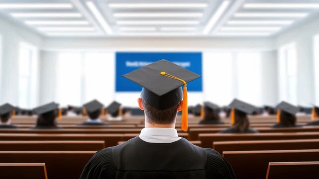 Academic Achievement: A rear view of a graduate, donned in academic attire, poised in an auditorium filled with scholars, ready for their graduation, symbolizing education, knowledge, and ceremony.