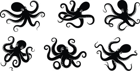 Six black and white octopus with detailed tentacles and varied poses on a white background marine © Hey there