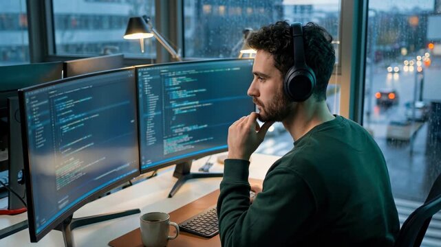 Focused male software developer wearing headphones and looking at dual computer monitors with lines of code while working late in a rainy city office with a moody atmosphere.