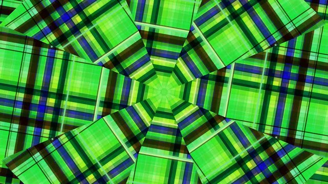 Vibrant green plaid pattern featuring intersecting stripes and kaleidoscope design elements in a symmetrical composition