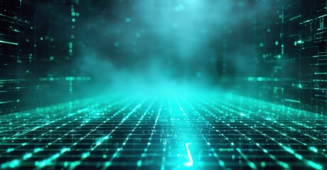 Fototapeta premium Futuristic digital grid extends into darkness. Bright cyan lines create tunnel effect, suggesting speed, technology. Smoke adds depth.