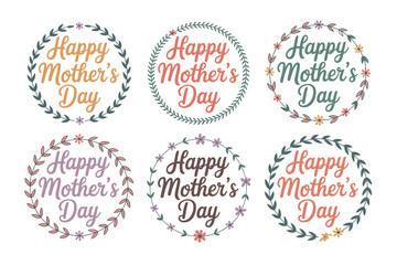 A set of colorful Happy Mother's Day badges with floral designs