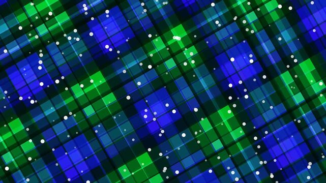 Vibrant blue and green plaid pattern with white dots, viewed from directly above, showcasing a dynamic graphic design