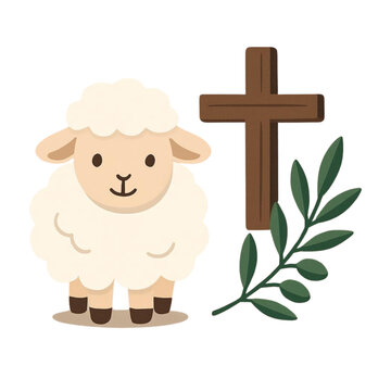 Cordeiro de deus com cruz de madeira e ramo de oliveira