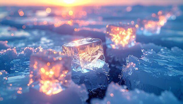 Macro shot of cracked ice blocks lying on a frozen surface at sunset. The ice appears translucent and smooth in texture, with sharp edges and visible crystal patterns on each piece.