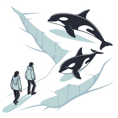 Naklejka premium Orcas and people on arctic ice whale