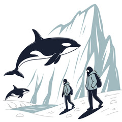 Orca jumping out of icy arctic water near two hikers © ni