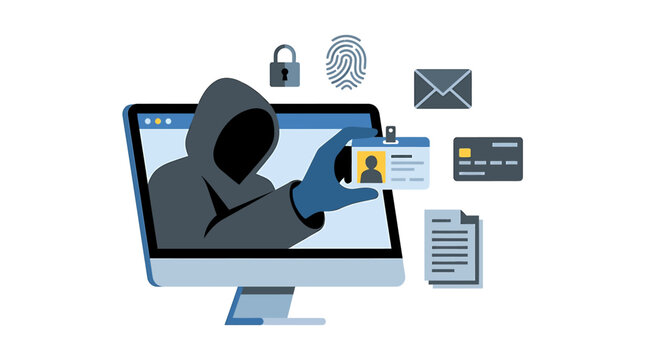 Cybercriminal stealing personal identity information from computer screen. Vector Illustrations. EPS Editable