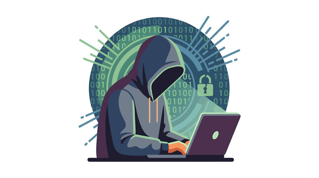 Hacker in Hoodie Using Laptop with Digital Background. Vector Illustrations. EPS Editable