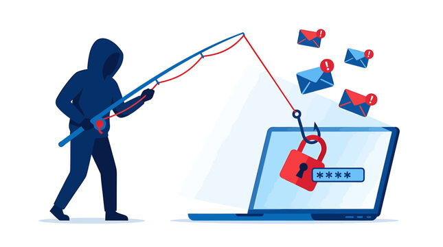 Hacker phishing for personal data and passwords from laptop illustration. Vector Illustrations. EPS Editable