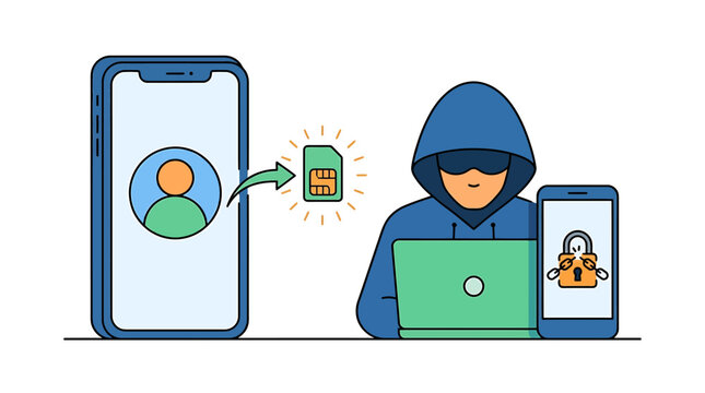 Hacker Stealing Personal Data Via SIM Card Swap Attack on Mobile Phones. Vector Illustrations. EPS Editable
