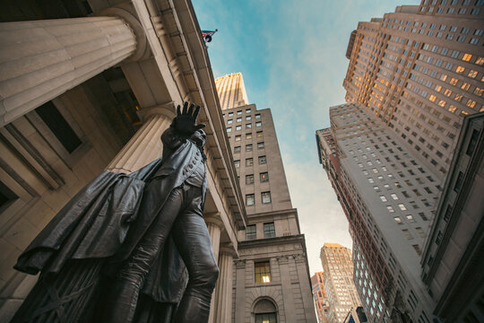 George Washington Statue at Federal Hall on Wall Street with Sky Copy Space in New York City