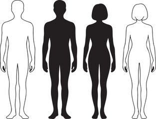 A group of human figures showing both male and female body outlines and full black silhouettes