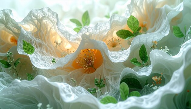 A delicate sculpture in which layered white paper forms wavy contours resembling miniature landscapes.