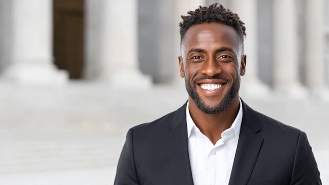 Smiling Professional: A portrait of a charismatic professional radiates confidence. He is in front of the building. His genuine smile captures his approachability.