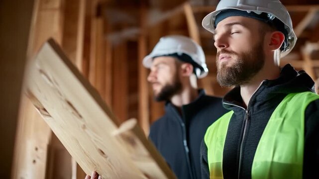 Construction inspection: A skilled worker intently examines a piece of wood, while his colleague observes, both clad in safety gear amidst the framework of a new construction site.