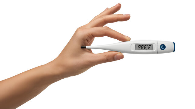 Hand holding digital thermometer showing temperature reading on screen