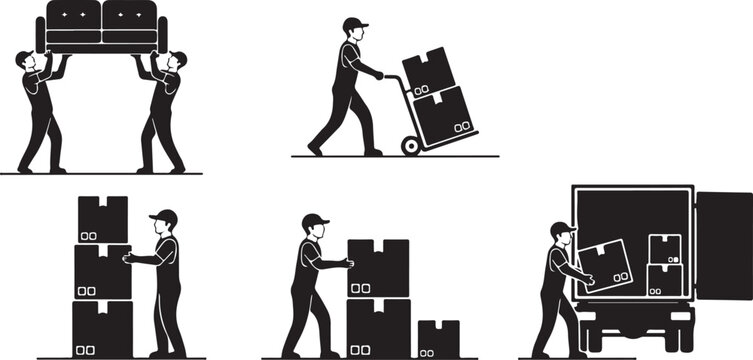 A series of icons depicting people engaged in various moving and packing activities
