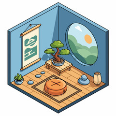 Isometric Room with Bonsai Tree. © fiker