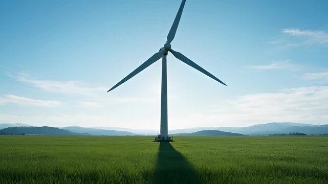 Wind Turbine Spinning Slowly in Green Field Under Clear Blue Sky, Renewable Energy Concept